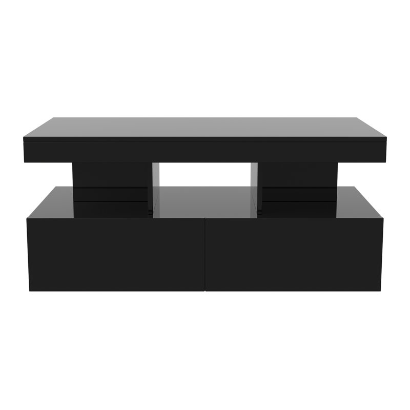 104CM Modern High Gloss Coffee Table With 2 Drawers, Smart App-Controlled RGB LED & Music Sync (EU Plug) - Black/White, Black
