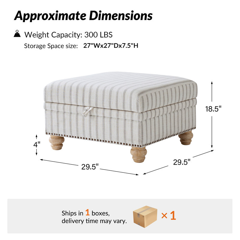 Laura Farmhouse Ottoman with Solid Wood Legs, Beige