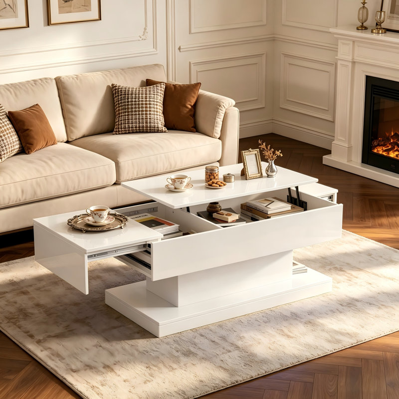 White High Gloss Lift Top Coffee Table With RGB LED Lights and Large Hidden Storage, White / Does Not Apply, White