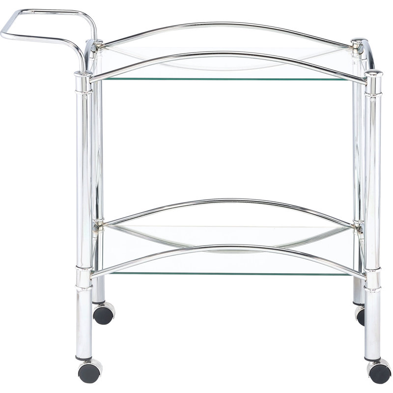 Chariot de cuisine rectangulaire en métal à 2 tablettes en verre pour la salle à manger, finition réfléchissante et placement polyvalent avec chariot-bar, une option de rangement élégante