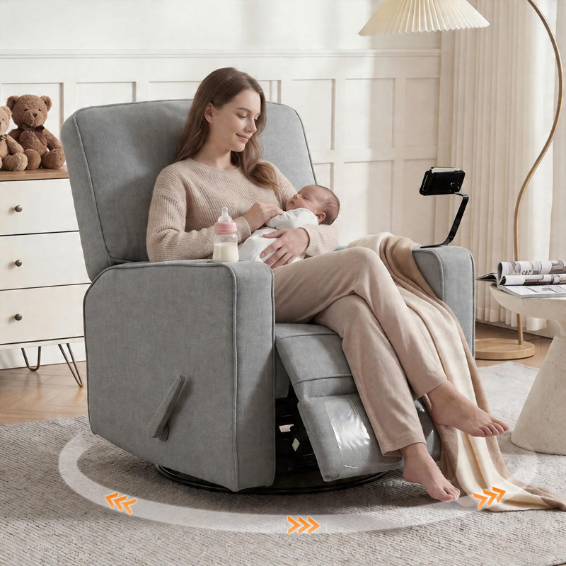 360° Swivel Rocker Recliner Chair With Adjustable Footrest, Rocking Chair Nursery With Phone Stand & Cup Holder, Gray