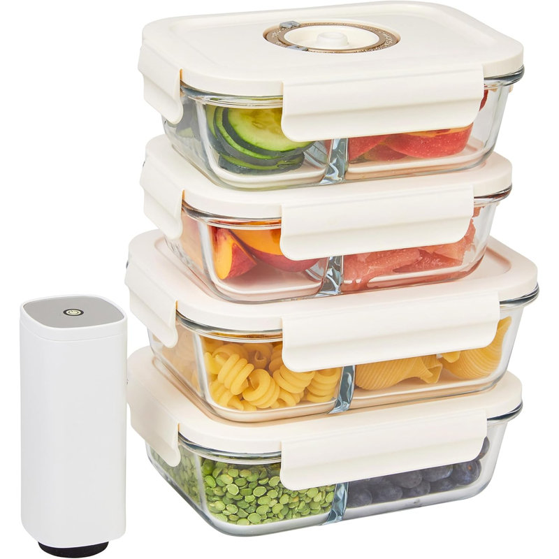 Ensemble de 8 contenants pour aliments sous vide en verre avec pompe électrique, Ensemble de 4 pompes électriques