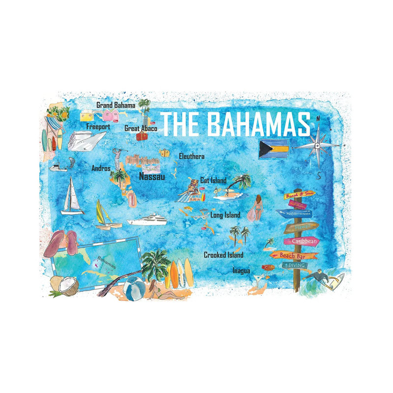 The Bahamas Illustrated Map With Main Roads Landmarks And Highlights by Markus & Martina Bleichner - Wrapped Canvas Print
