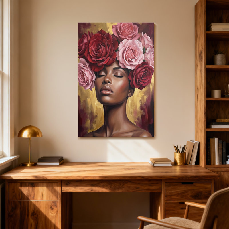 Plantes et fleurs, belle femme avec des roses sur la tête, H 12 po x l 18 po