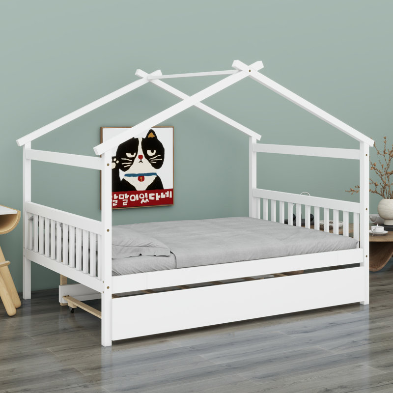 Lit en bois avec lit gigogne simple, Blanc