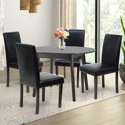 5 Piece Dining Table Set, Extendable Round Dining Table w 4 Classic Style Solid Wood Upholstered Chairs