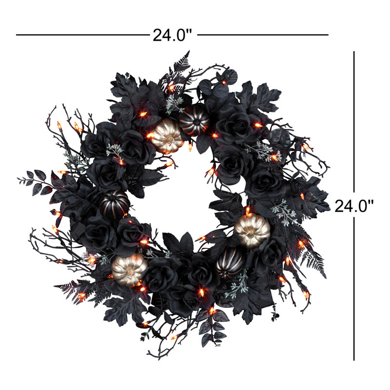 24in. Chic Eek Black Halloween Wreath with LED Lights