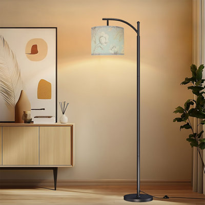 Lampe sur pied à arc avec abat-jour réglable, délicat, floral, doux, bleu clair, jaune, lampe sur pied, 3 températures de couleur, intensité variable, grand pôle avec interrupteur au pied pour la chambre à coucher