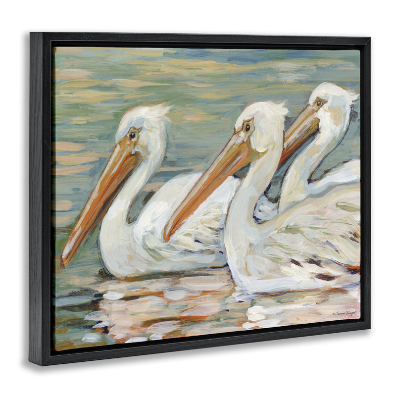 «Pelican Trio Pond Reflection Floater», art mural par Susan Winget, H 25 po x l 31 po, Cadre flottant noir de jais
