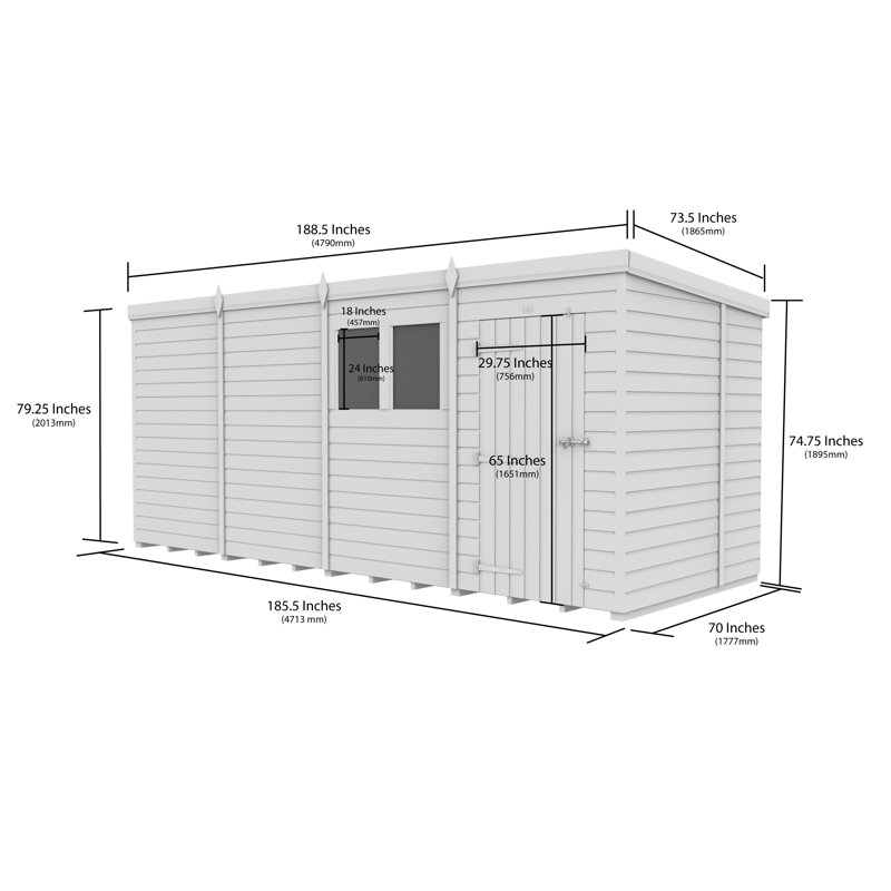 16ft x 6ft Pent Shed - Double Door without Windows