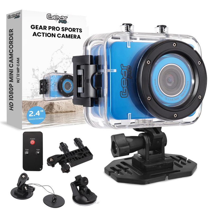 Caméra d'action sportive Pyle Gear Pro - Caméscope étanche Full HD 1 080P, caméra 12MP, écran tactile de 2,4 po, ports USB et HDMI, avec télécommande, pile au Lithium 1500Mah, accessoires de montage (bleu)
