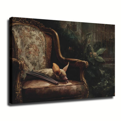 Chauve-souris de peinture à l'huile vintage reposant sur un fauteuil orné antique, grande impression sur toile tendue avec châssis pour salon chambre à coucher