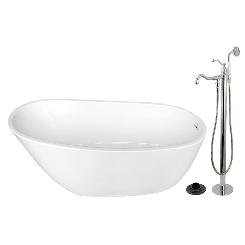Kingston Brass Arcticstone 59-Inch Acrylic Oval Single Slipper Freestanding Tub With Faucet Combo And Drain