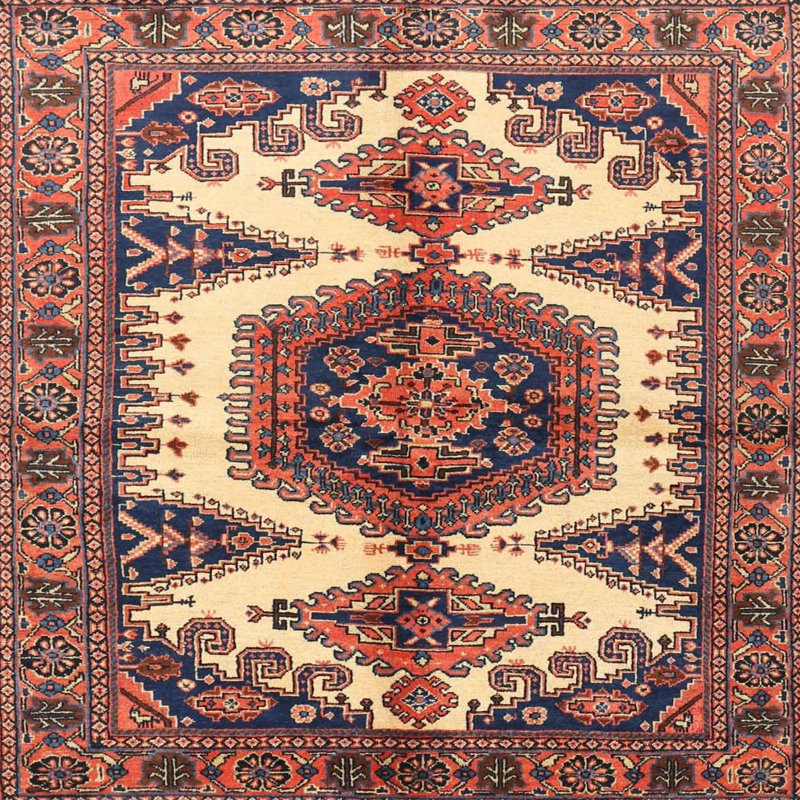 Tapis rouge/noir/beige traditionnel Nesi, Carré 3 pi