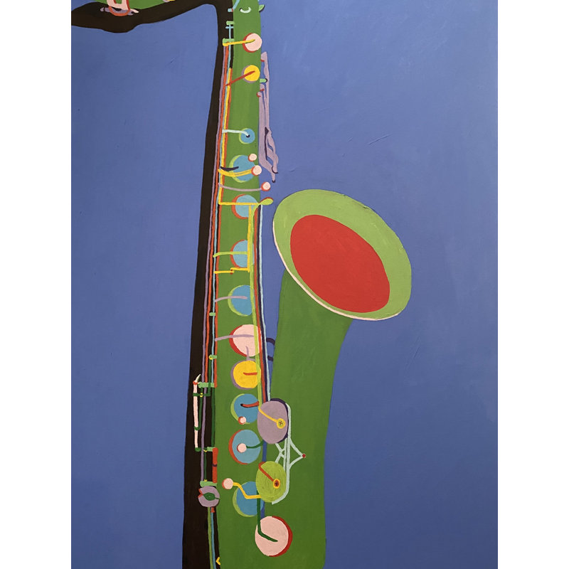 Saxophone On Blue by Sue Graef, Black Framed Paper, 20" H x 16" W