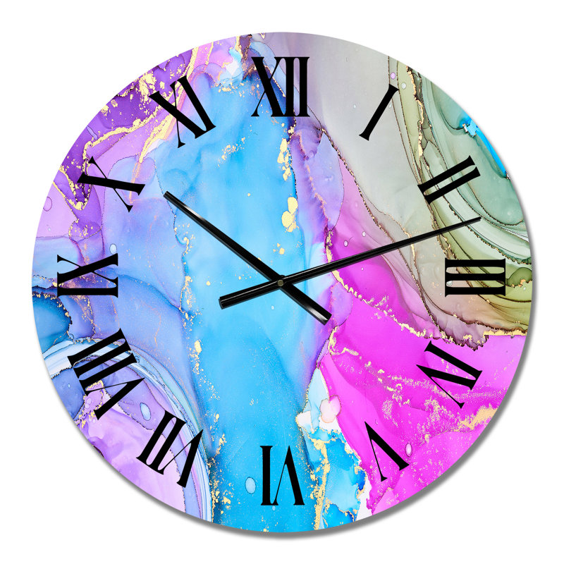 Turquoise et rose, art abstrait fluide de luxe - horloge murale moderne, Moyenne
