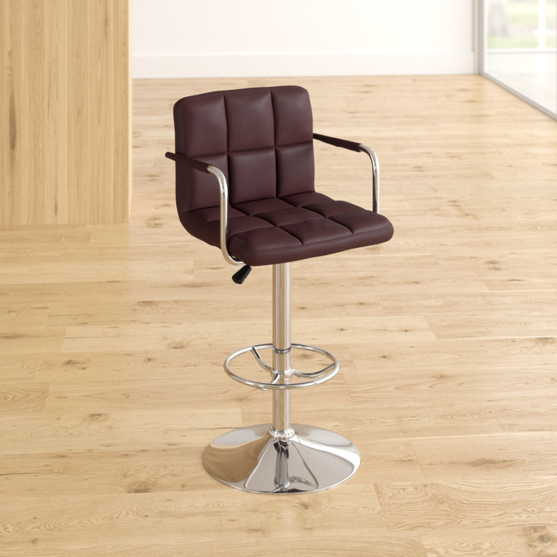 Sleek Brown Quilted Vinyl Adjustable Swivel Barstool with Chrome Base