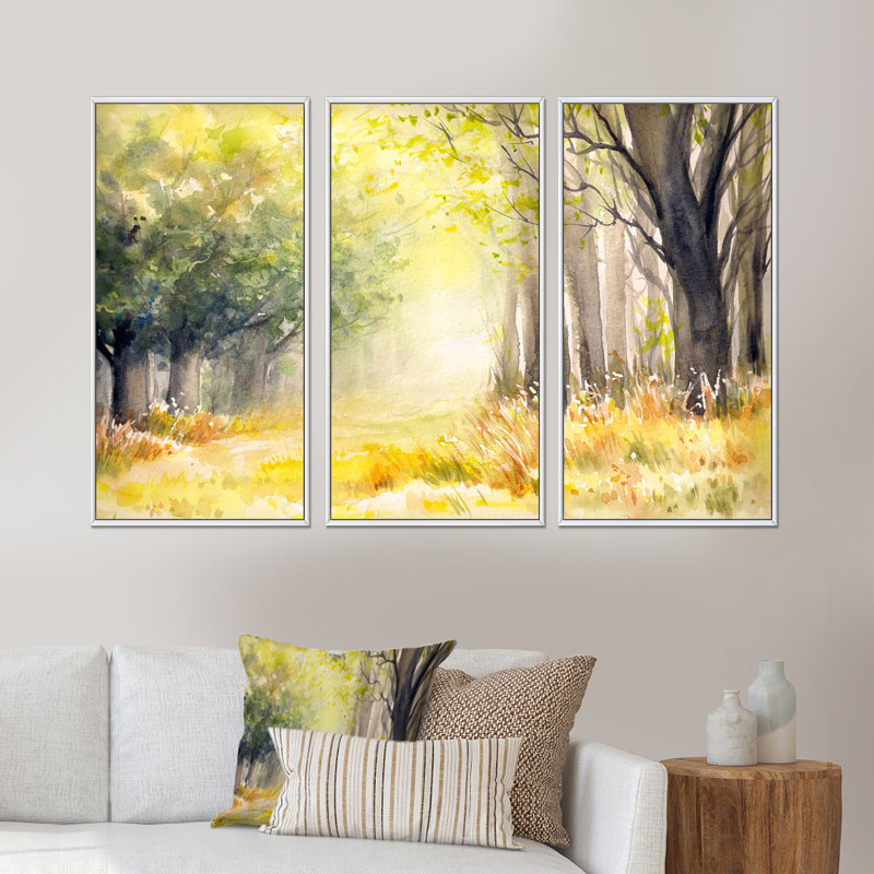 «Bright Sunshine Through The Forest Trees IV», peinture sur toile flottante 3 pièces, H 28 po x l 36 po x P 1 po, Cadre blanc