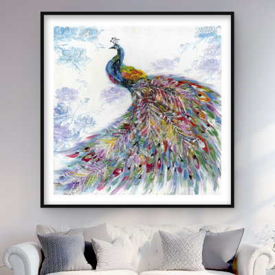 Majestic Peacock with Flowers - Blue Framed Matted Print