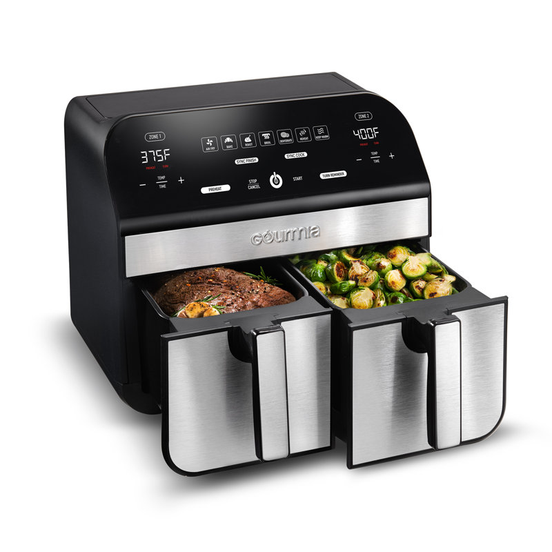 Gourmia 10 Quart Dual Basket Digital Air Fryer with Match Cook and Smart Finish, 7 Presets, FryForce 360° Technology, Black