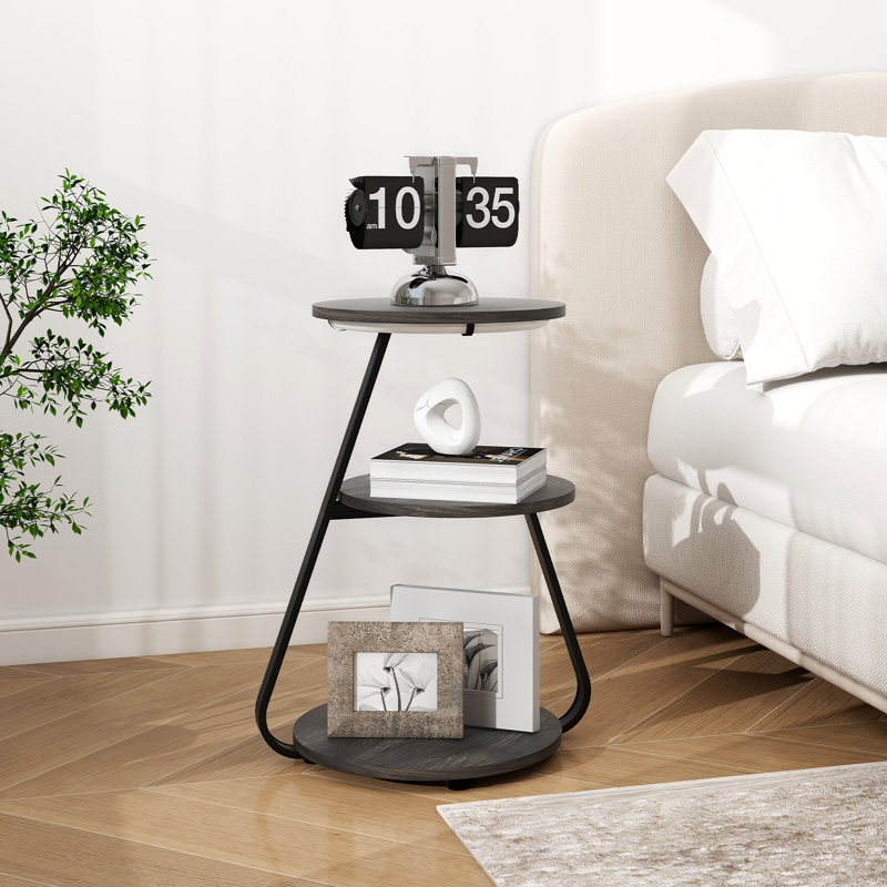 LED Light, Bedside Table End Table With 3 Shelf, 34cm Desktop Side Table, Grey
