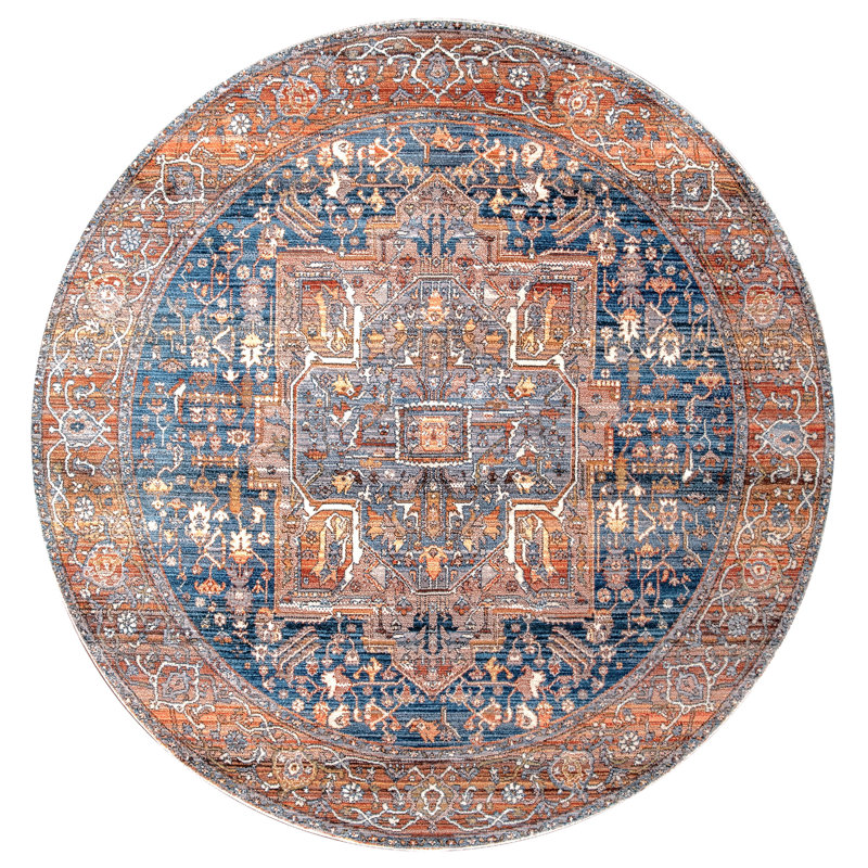 Tapis oriental traditionnel rouille, brique et bleu marine à motif de médaillon Windmere, Rond 5 pi