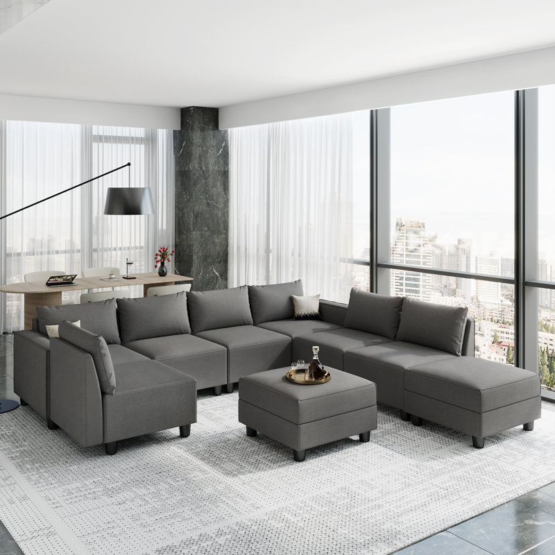 Linen Modular Sectional Sofa L Shaped Extra Deep Seats Couch  with Storage Ottomans, Gray Linen