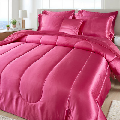 Ensemble d'édredon en satin pour lit très grand 8 pièces Satin Like Hot Pink