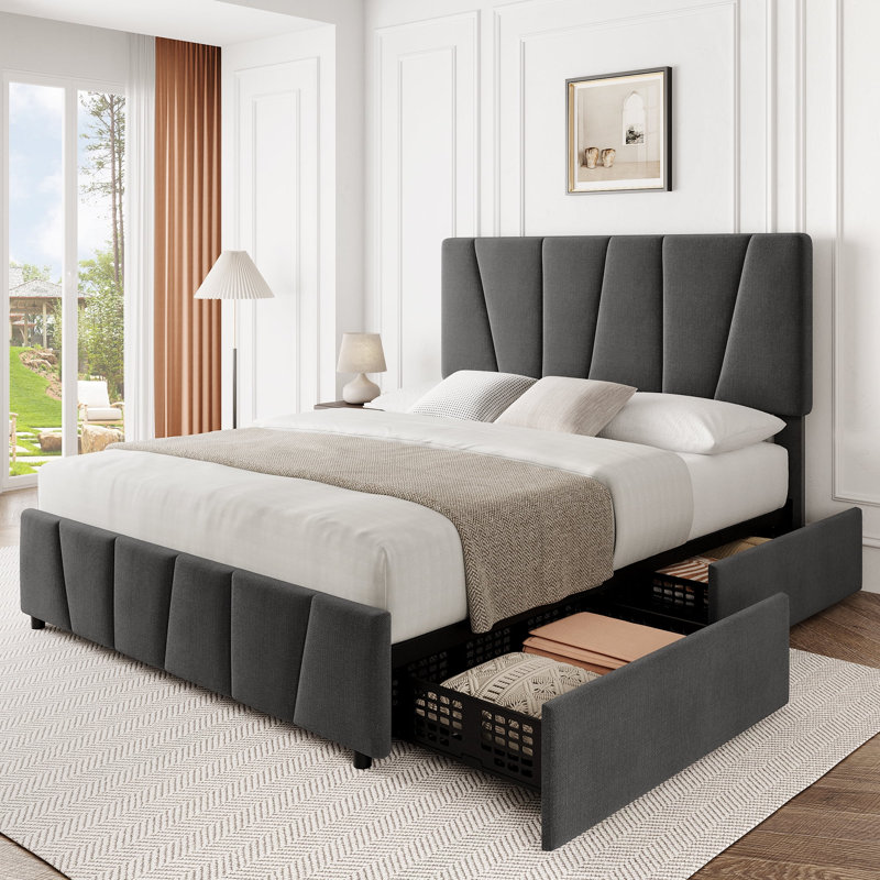 Full Size Bed Frame with 4 Storage Drawers and Adjustable Headboard,Velvet Upholstered Tufted Full Platform Bed Frames with Wooden Slats Support,Full Bedframe No Box Spring Needed, Grey