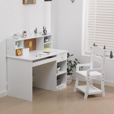 Kids Study Desk and Chair Set – White Study Table with Adjustable Chair, Hutch, Corkboard, Keyboard Tray, and 2 Pen Holders by Ebern Designs