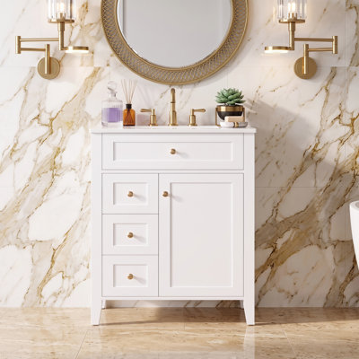Meuble-lavabo moderne de 24 po avec lavabo en céramique, poignées en métal, porte d'armoire à fermeture en douceur et support de rangement
