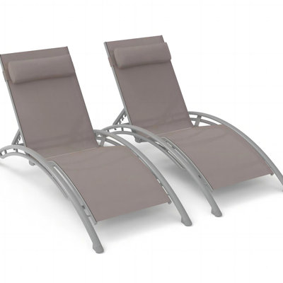 2 méridiennes d'extérieur - kaki, aluminium, tissu, dossier de piscine réglable et inclinable et coussin amovible. Rouille - aluminium. . 5 positions. Kaki pour la pelouse, patio