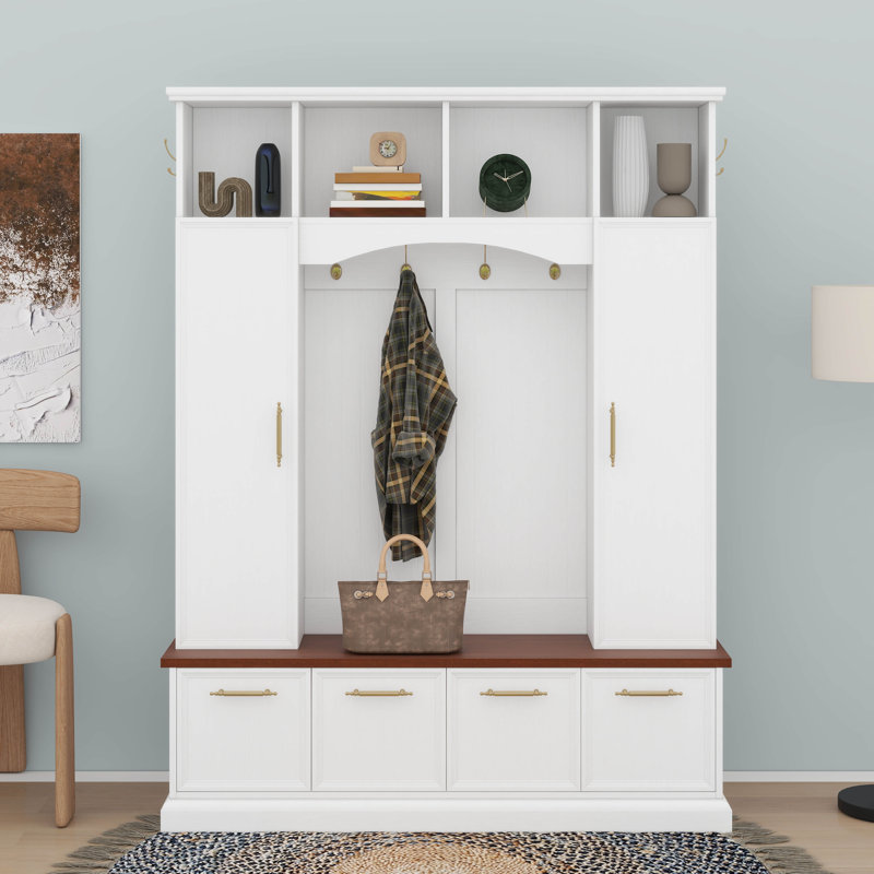 Hall Tree With Golden Hooks And Handles, Practical Entryway Walnut Bench With Adjustable Shelves, Farmhouse Wooden Style Coat And Shoe Rack