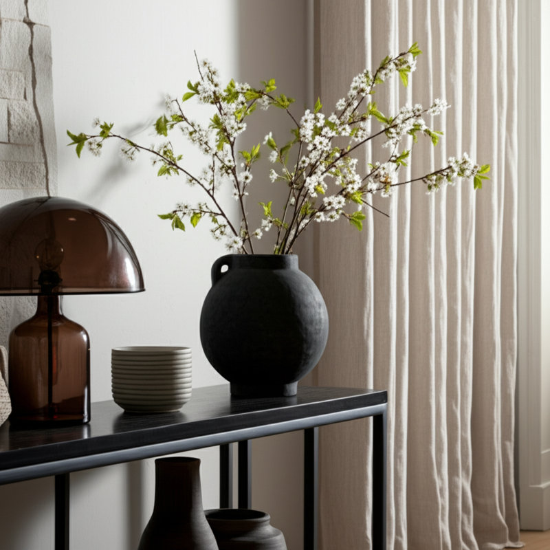 Handmade Ceramic / Porcelain Table Vase, Black, Overall Height - 7"