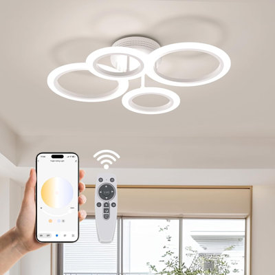 Plafonnier moderne à DEL de 48 W, plafonnier encastré à DEL à intensité variable avec lustre, télécommande et lumières à DEL en acrylique pour le contrôle de l'application pour la chambre à coucher, le salon et la salle à manger (blanc, 4 anne