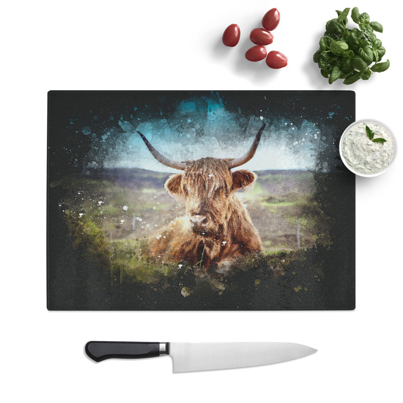 Tempered Glass a Resting Highland Cow Paint Splash Chopping Board, 28.5 cm x 39 cm