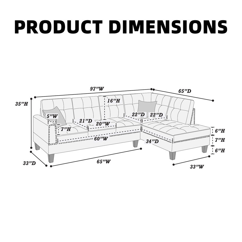 L-shaped Sectional Sofa With Tufted & Removable Cushions