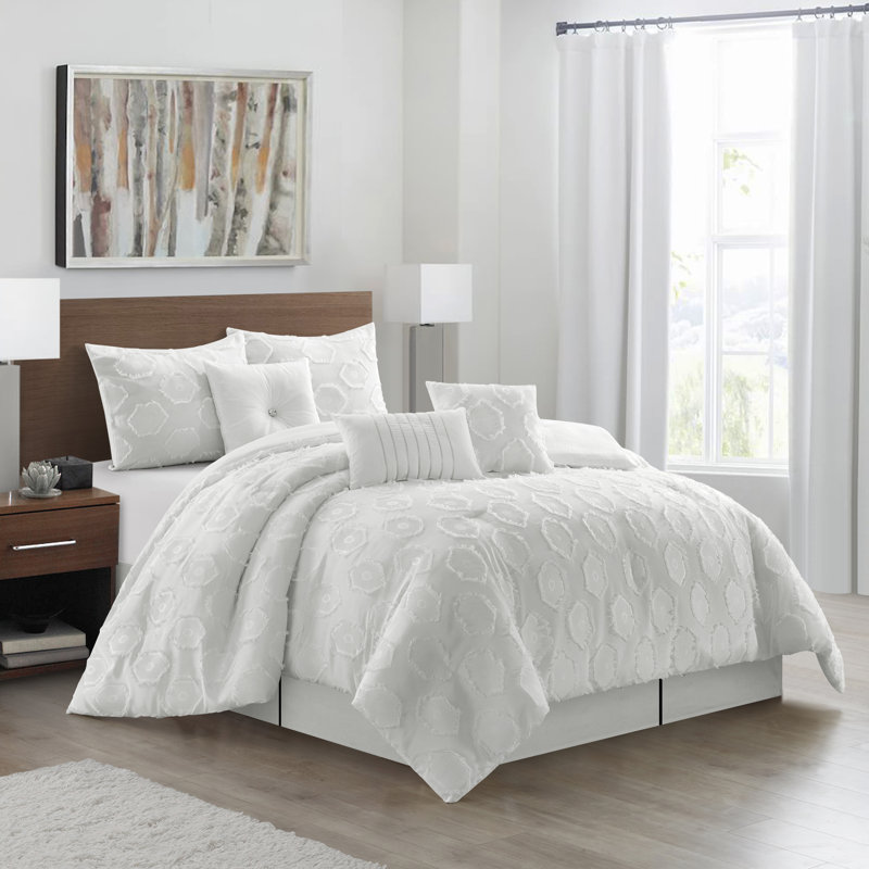 Faust Microfiber 7 Piece Comforter Set, Queen Comforter + 6 Additional Pieces , White