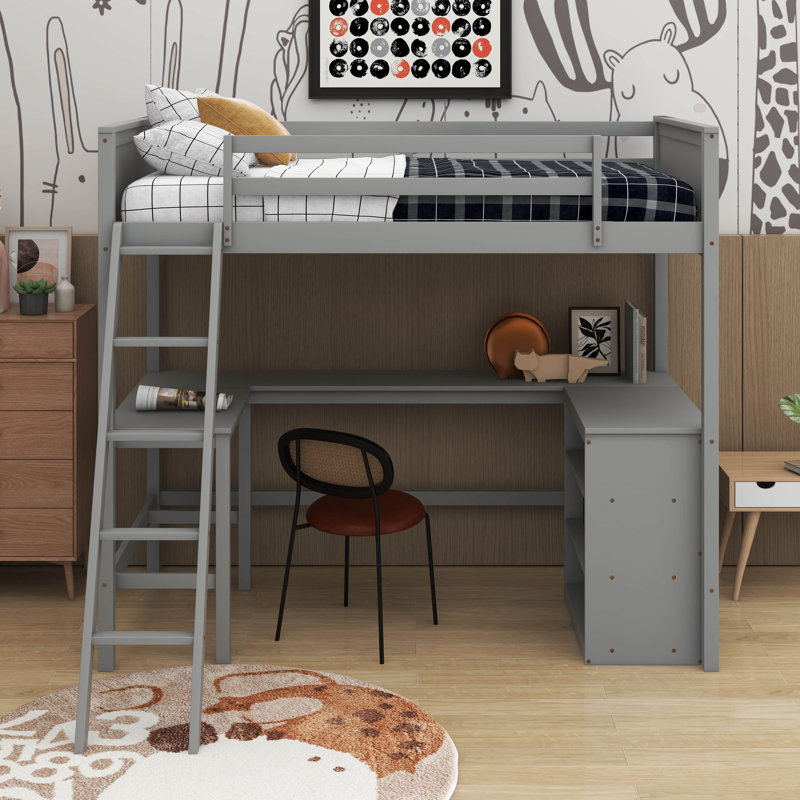 Lit mezzanine simple avec tablettes et bureau