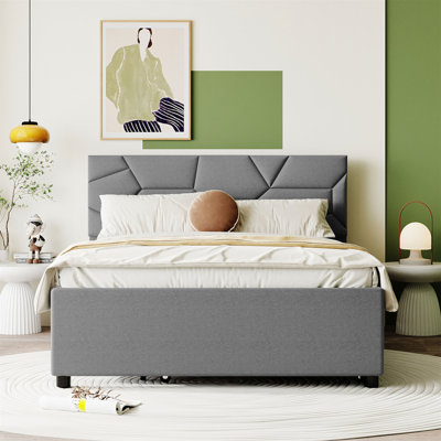 Upholstered Platform Bed With Brick Pattern Headboard And Twin XL Size Trundle, Linen Fabric -  STYLISH, OKKK612-SF000003AAE