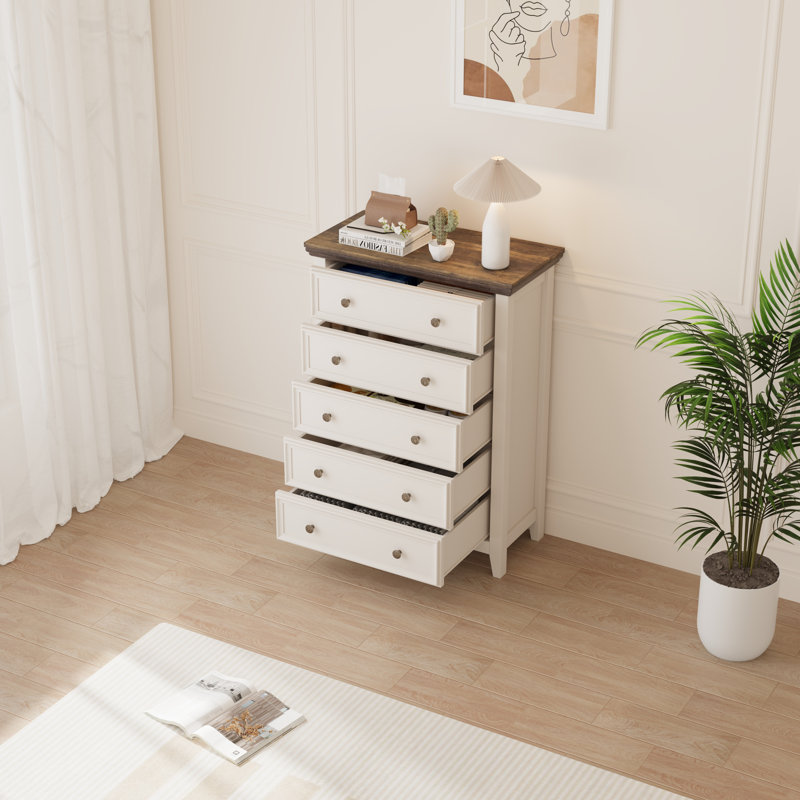 5-Drawer Dresser – Modern Farmhouse Storage Chest for Bedroom or Home Office, White/Brown