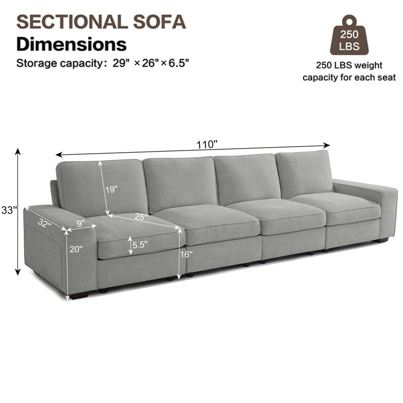 Upholstered  Modular Sofa, 4, 33" H x 128" W x 32" D, Beige