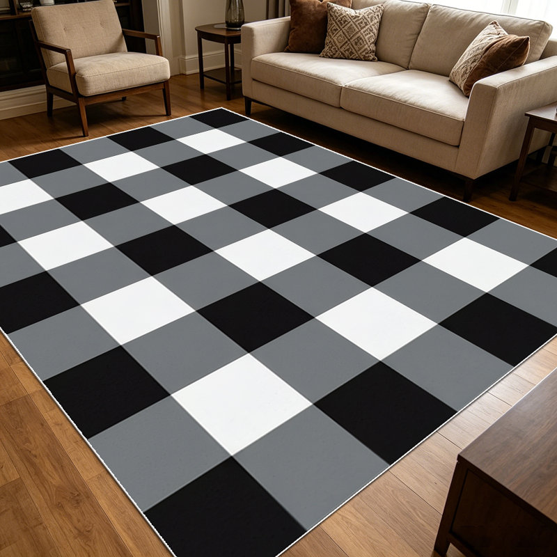 1PC Black White Gray Buffalo Plaid Checkered area rugs for Living Room, Soft and Comfortable, Suitable for all seasons, easy-to-maintain, machine washable Indoor floor mat, Under Table Farmhouse suitable for dining room, bedroom, entryway, kitchen,