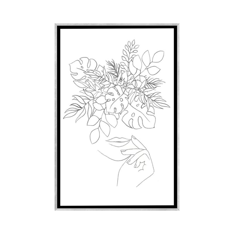 Line Art Woman and Plants - impression d'art graphique, H 48 po x l 32 po x P 1,5 po, Toile avec cadre argenté, Aucun mat