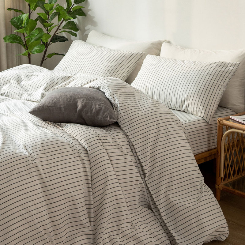 MooMee Pillowcases Envelope Closure 100% Washed Cotton Linen Like Textured Breathable Soft, White & Dark Gray Wide Stripes