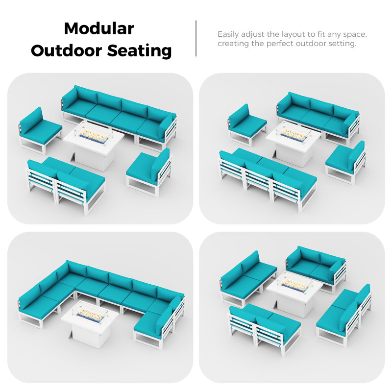 Hamadi 9-Piece All-Aluminum Patio Conversation Set with Propane Fire Pit Table, 29" Deep Seats & 4" Cushions, Teal