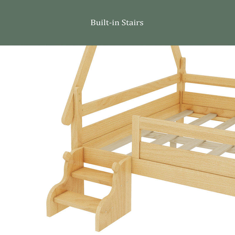 Lit plateforme House avec escalier, structure de lit simple en bois massif, profil bas et design amusant pour enfants, Double