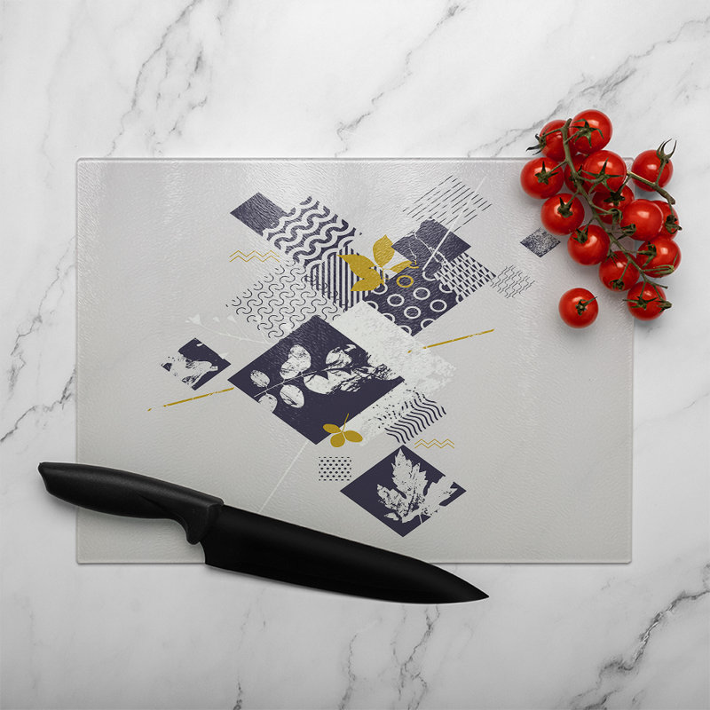 Geometric Squares & Leaves Glass Chopping Board, 28cm L x 20cm W