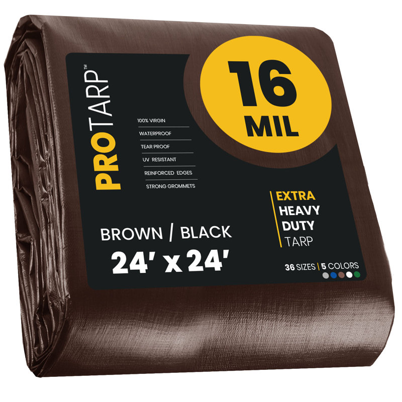 Bâche en polyéthylène robuste de 16 mil, imperméable et résistante aux rayons UV, Brun / noir, 24 pi x 24 pi