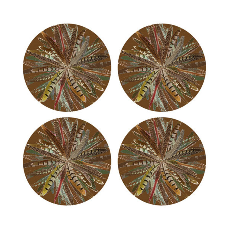 Pheasant Feathers Yellow Vegan Leather Round Coasters, Brown